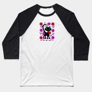 Black Kitty Cat in Flower Garden Baseball T-Shirt